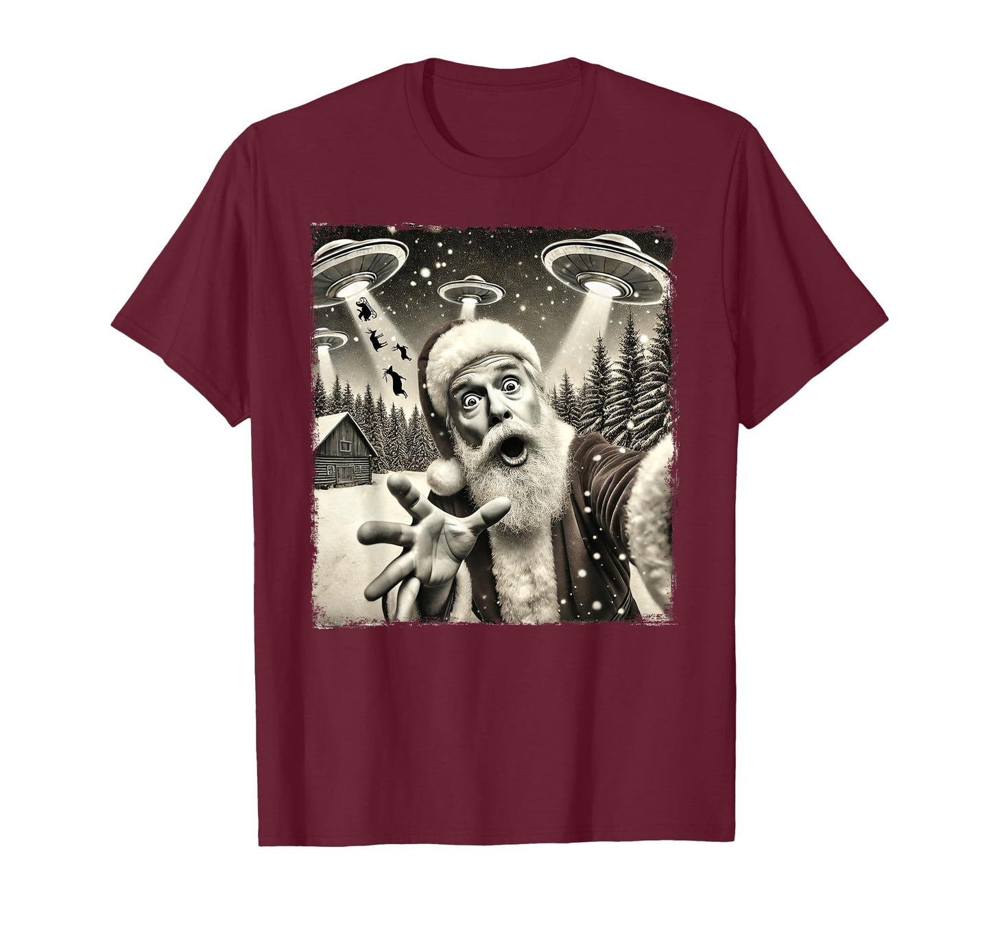 Funny Santa Claus UFO Abduction Christmas Sleigh Reindeer T-Shirt