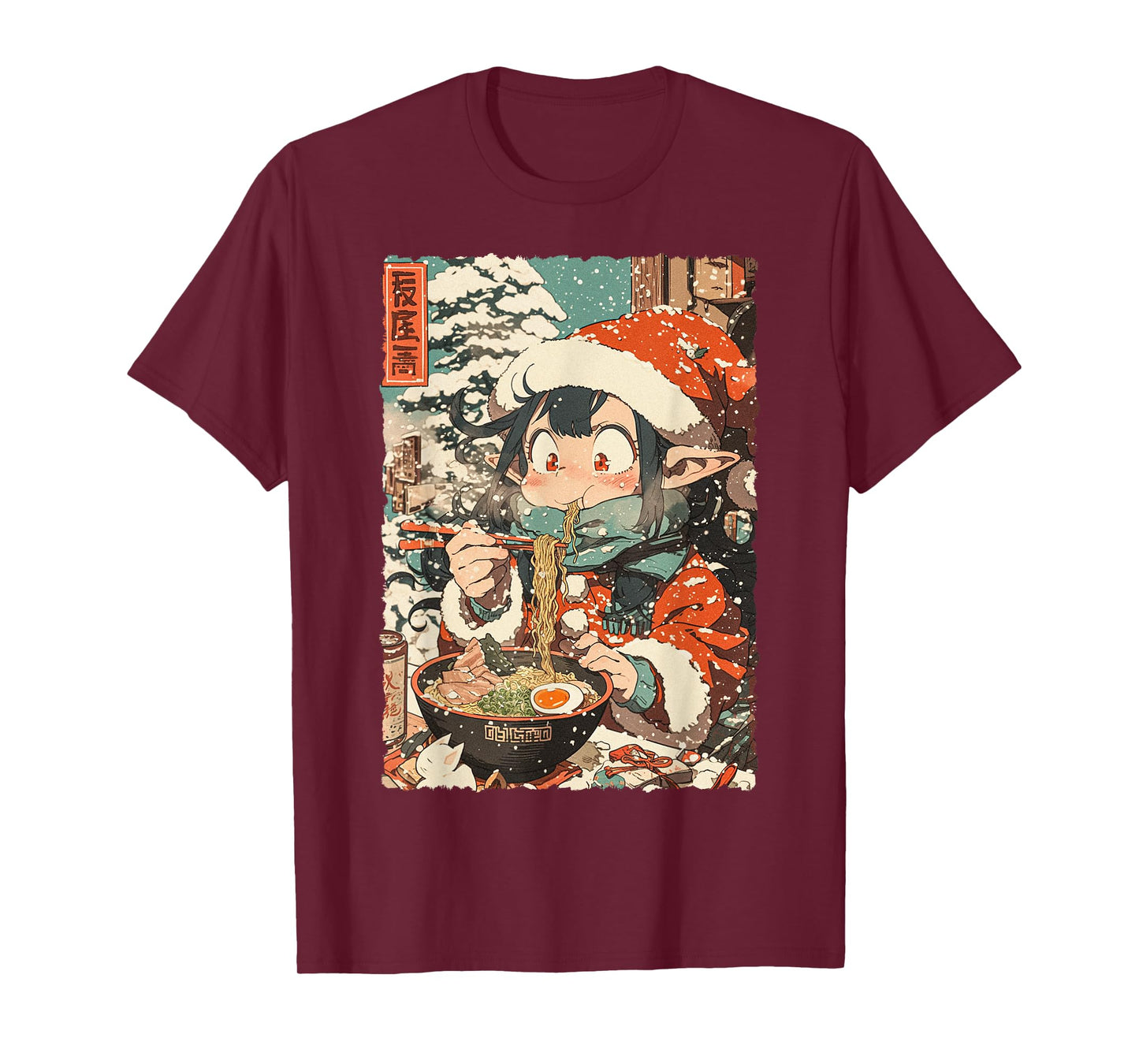 Funny Christmas Anime Kawaii Elf Girl Eating Ramen Noodles T-Shirt