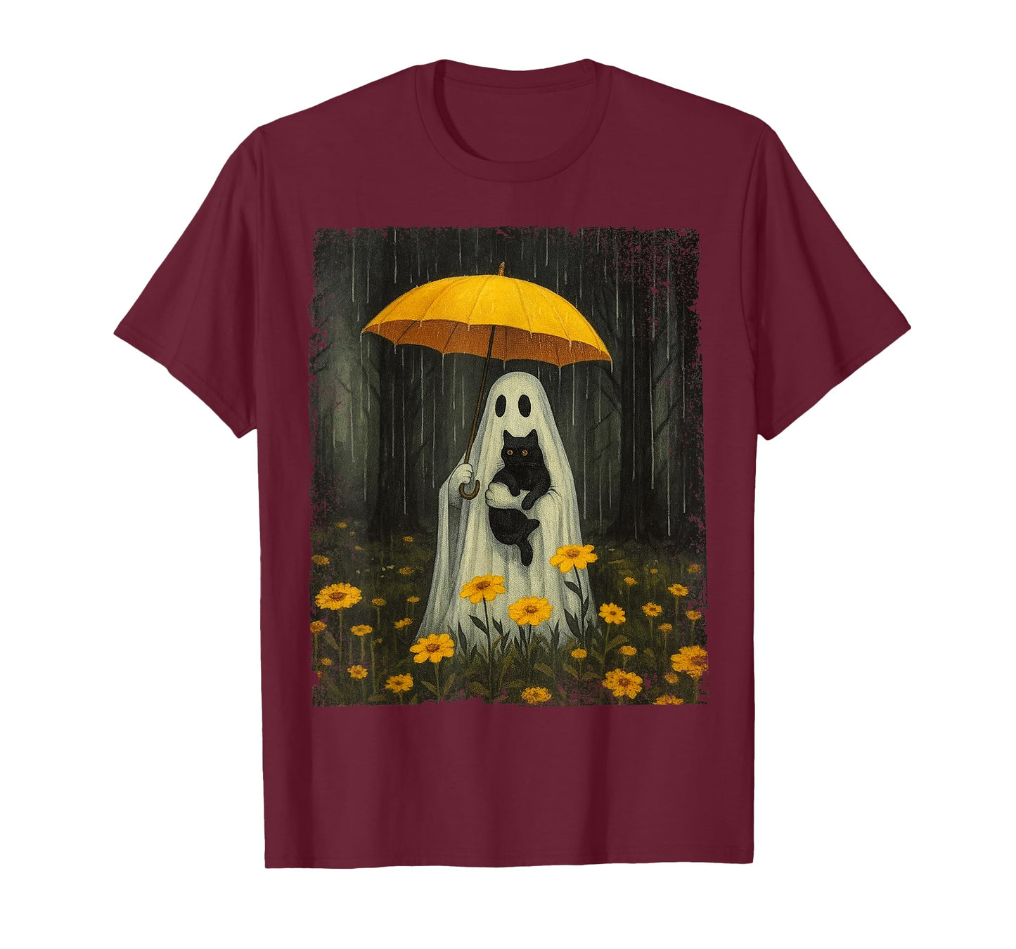 Boo Ghost Umbrella Black Cat Floral Halloween Womens Girls T-Shirt