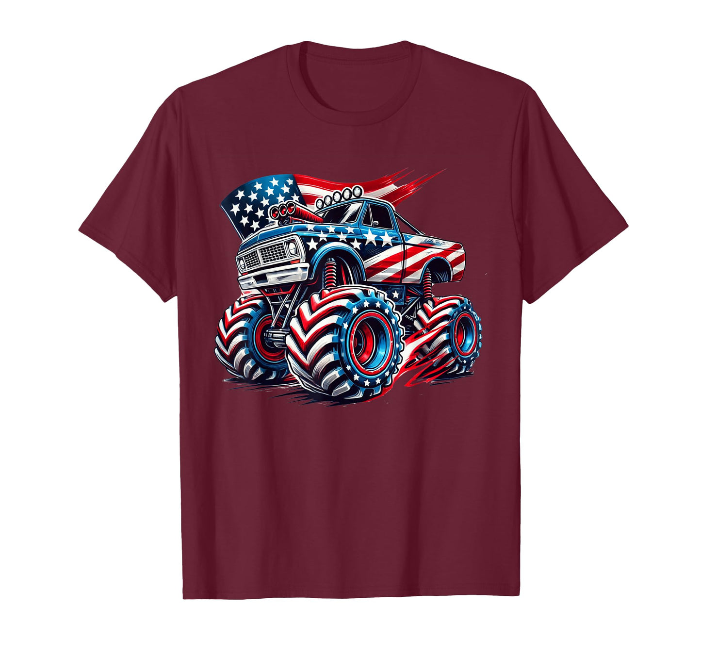 4th of July Monster Truck American Flag USA Boys Kids Tee T-Shirt