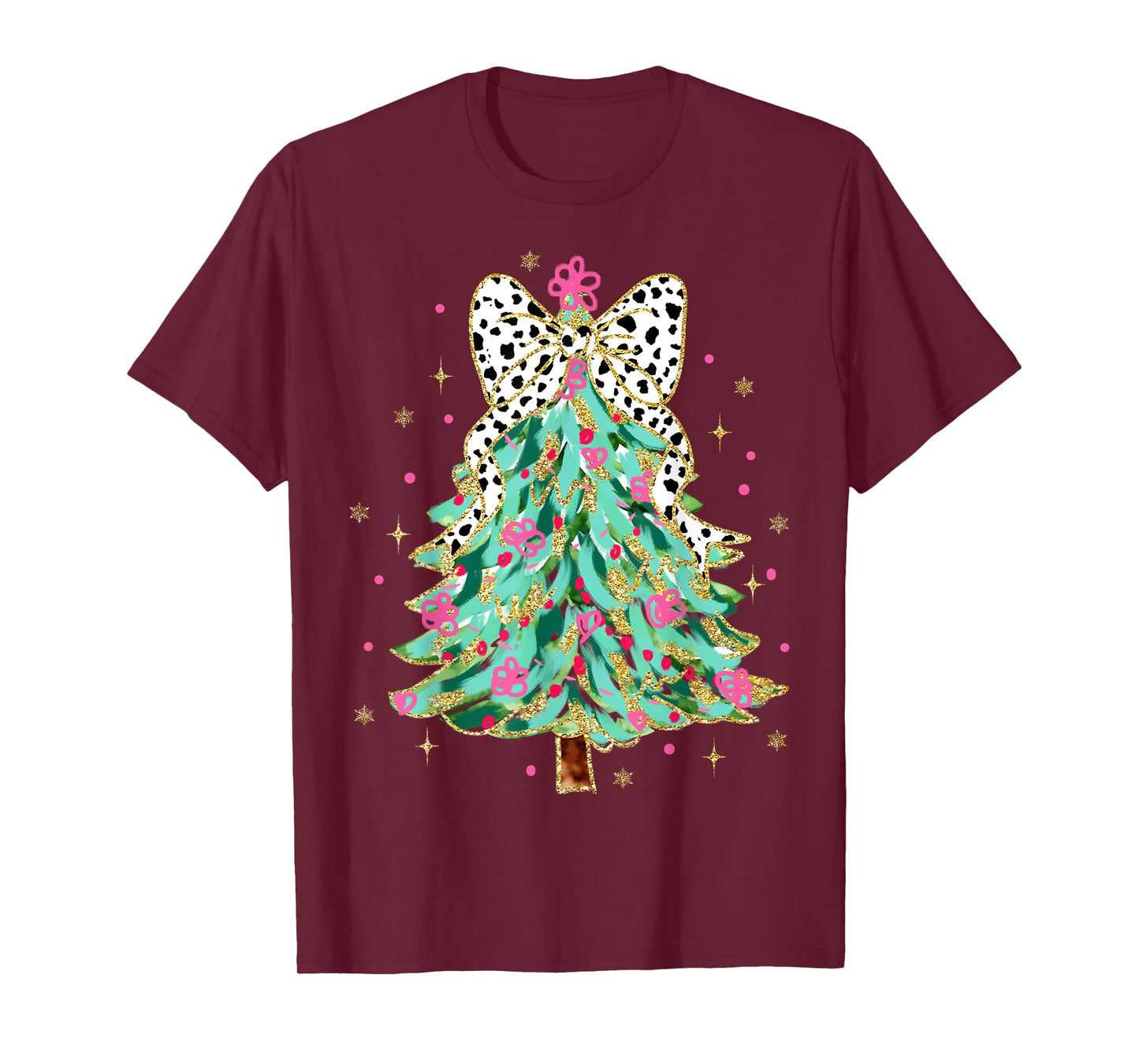 Colorful Coquette Bow Christmas Tree Florals Cute Girly Xmas T-Shirt