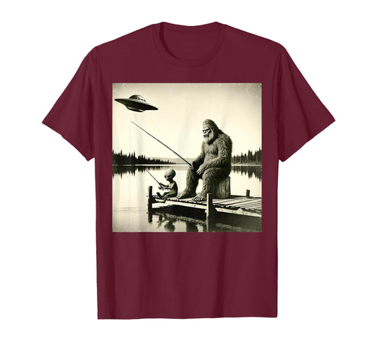 Funny Bigfoot And Alien Fishing. Bigfoot And Alien UFO T-Shirt