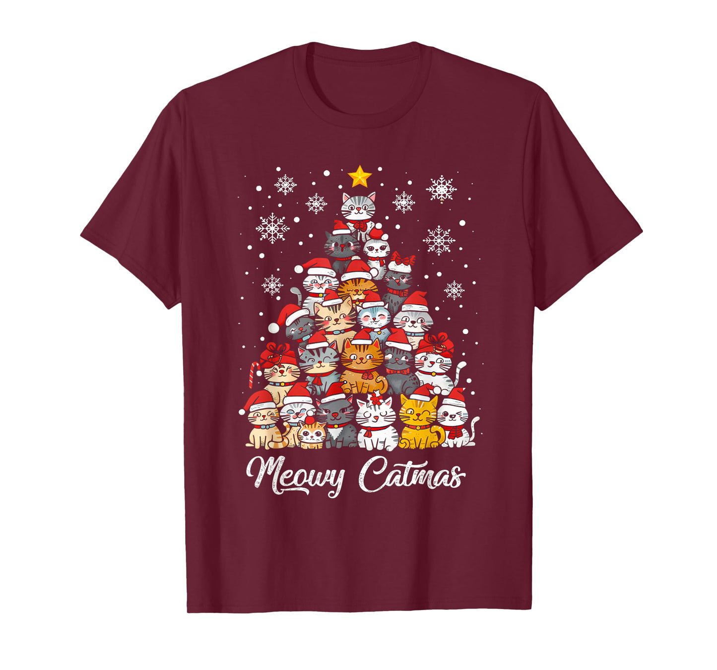 Meowy Catmas Cat Christmas Tree Xmas Girls Boys Funny Santa T-Shirt
