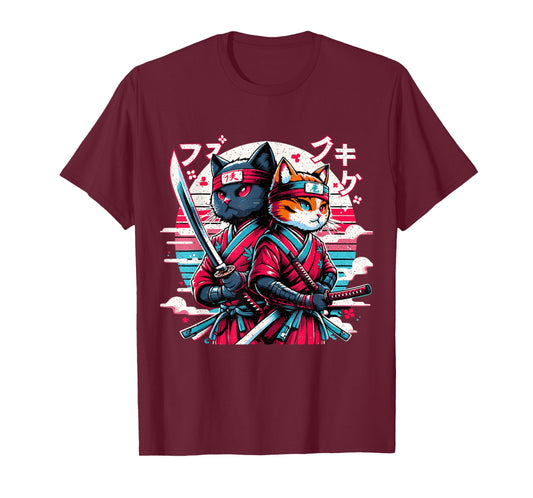 Cute Ninja Cat Couple Japanese Anime Samurai Katana Cats T-Shirt for Men Women Girls Kids