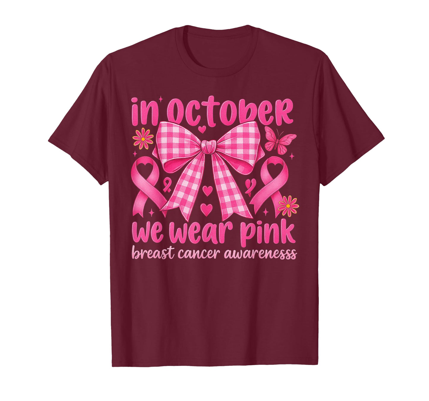 Coquette Bow in October We Wear Pink Breast Cancer Awareness T-Shirt