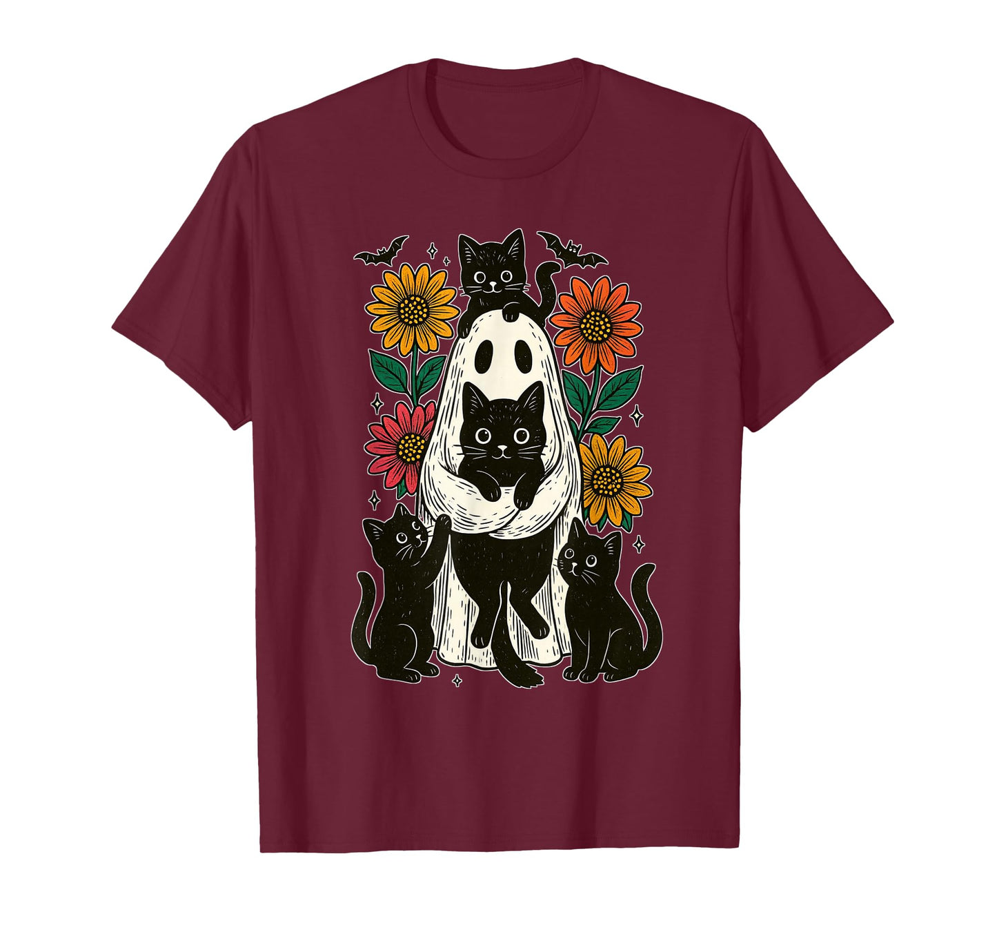 Vintage Halloween Ghost Holding Black Cat Groovy Floral T-Shirt