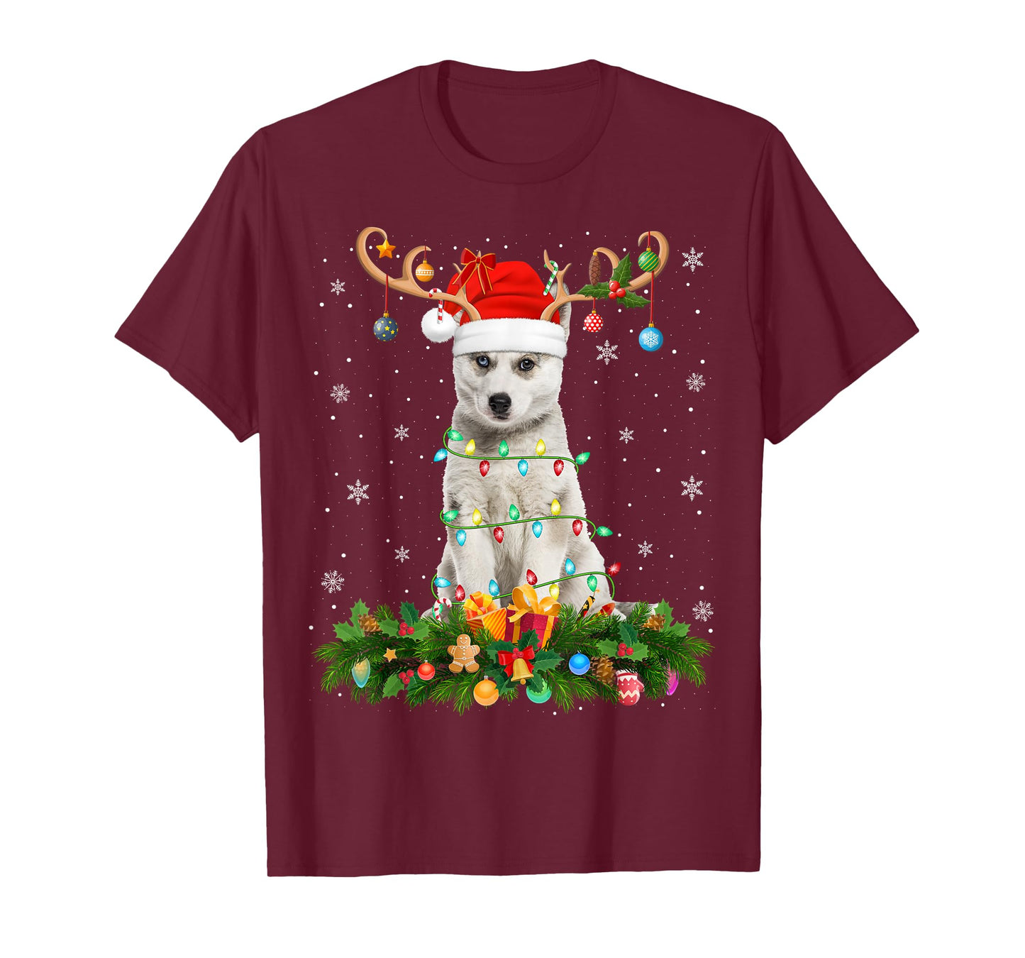 Siberian Husky Christmas Lights Reindeer Santa Hat Dog Xmas T-Shirt