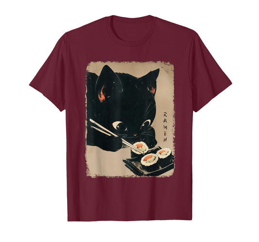 Kawaii Cat Eating Sushi Funny Japanese Anime Cute Cat Girls T-Shirt