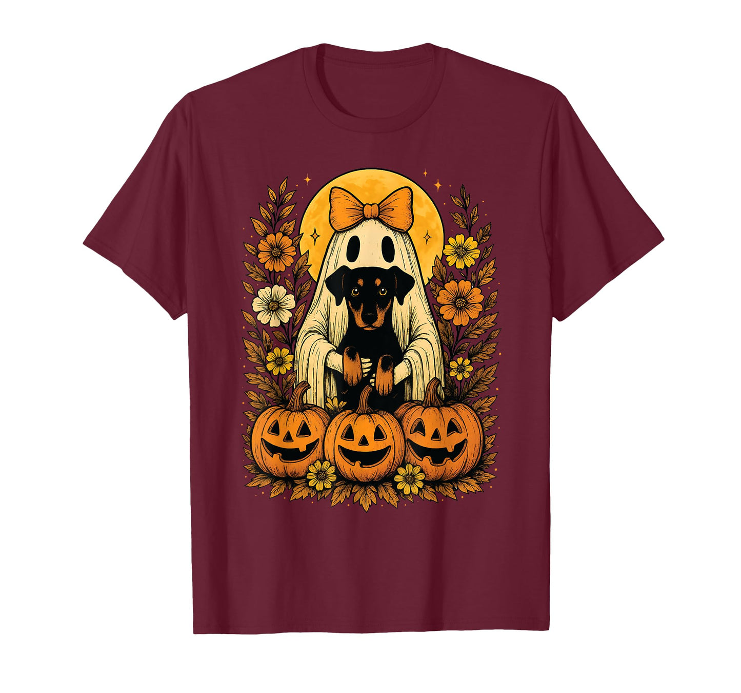 Vintage Halloween Ghost Holding Doberman Pinscher Dog T-Shirt