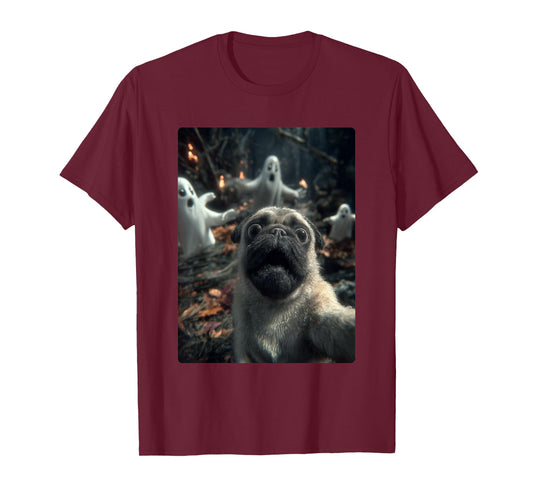 Funny Pug Selfie with Ghosts Haunted Forest Halloween Dog T-Shirt