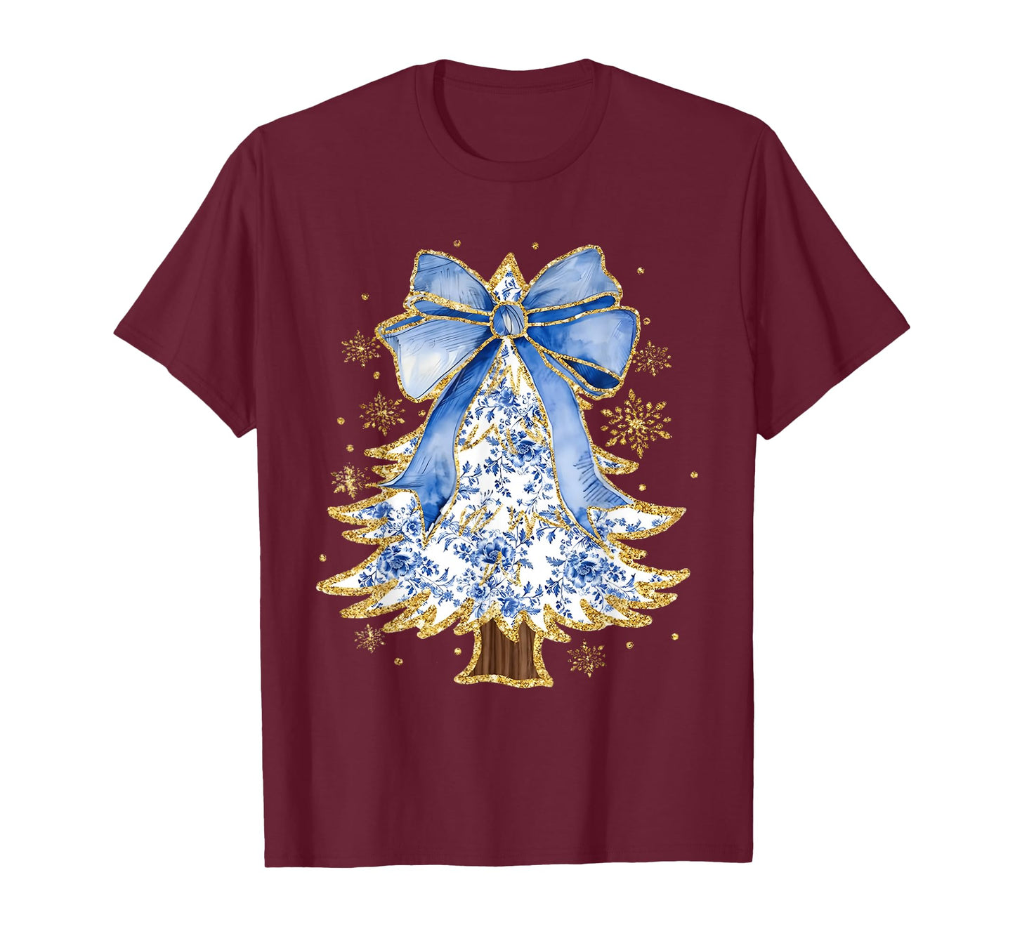 Blue Coquette Bow Christmas Tree Chinoiserie Blue Floral T-Shirt