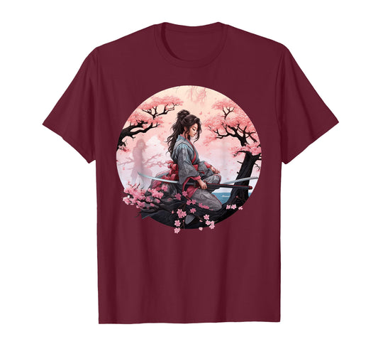 Japanese Samurai Girl Vintage Retro Sakura Cherry Blossom T-Shirt