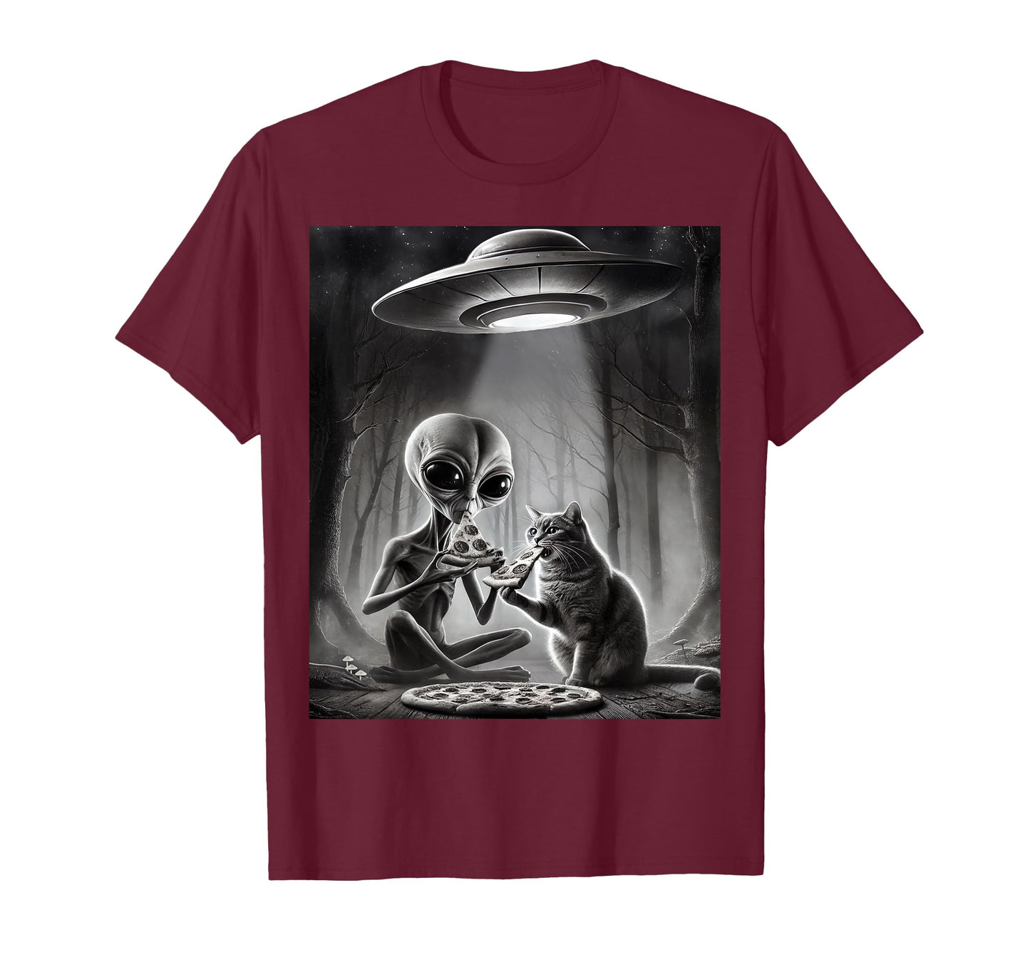 Funny Alien Cat Eating Pizza With UFO Spaceship Cryptid Meme T-Shirt
