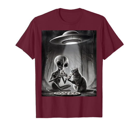 Funny Alien Cat Eating Pizza With UFO Spaceship Cryptid Meme T-Shirt