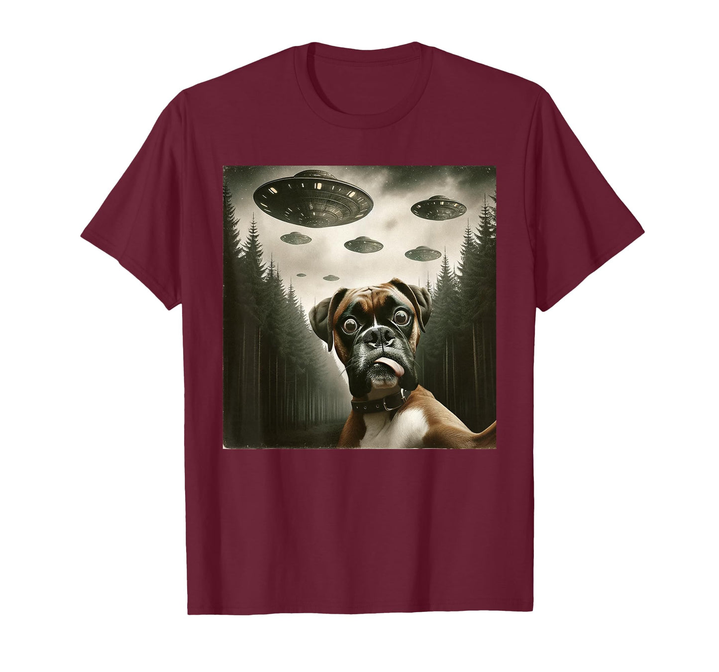 Funny Boxer Dog Selfie with UFOs Alien Mens Womens Dog T-Shirt
