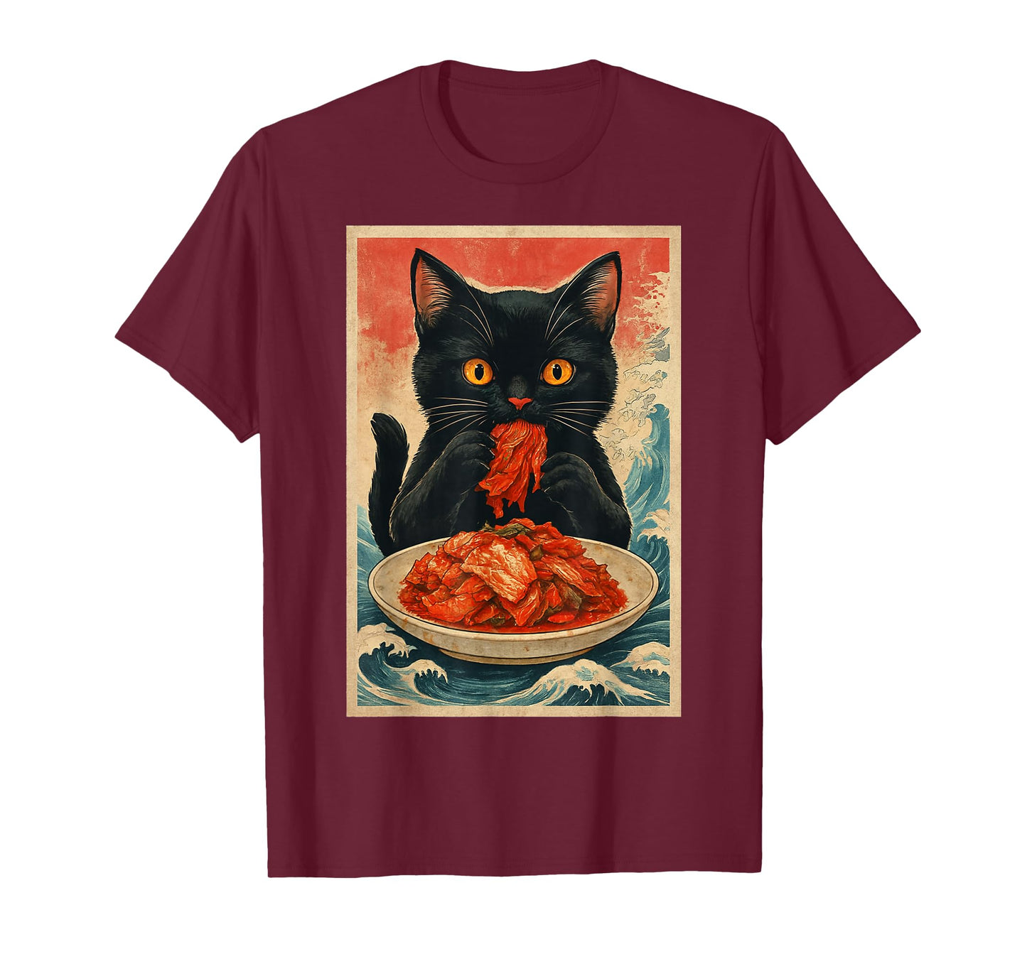 Funny Black Cat Eating Kimchi Retro Japanese T-Shirt