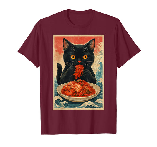 Funny Black Cat Eating Kimchi Retro Japanese T-Shirt