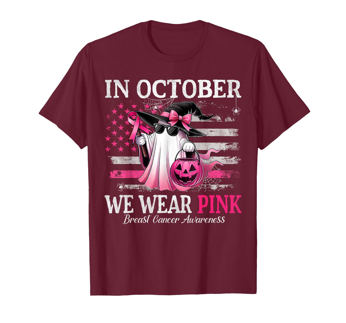 in October We Wear Pink Ghost Witch Breast Cancer Awareness T-Shirt