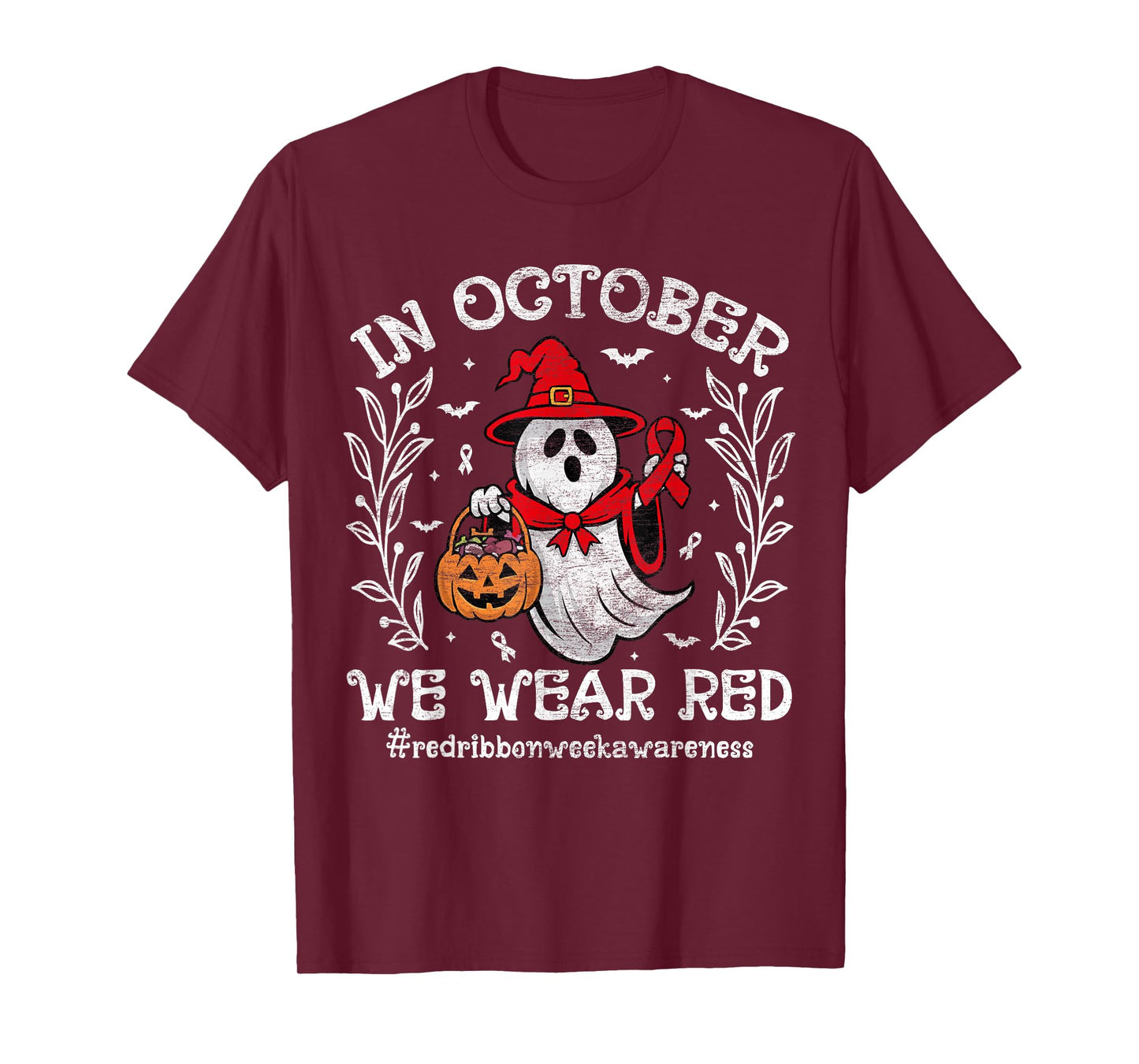 In October We Wear Red For Red Ribbon Week Awareness Ghost T-Shirt