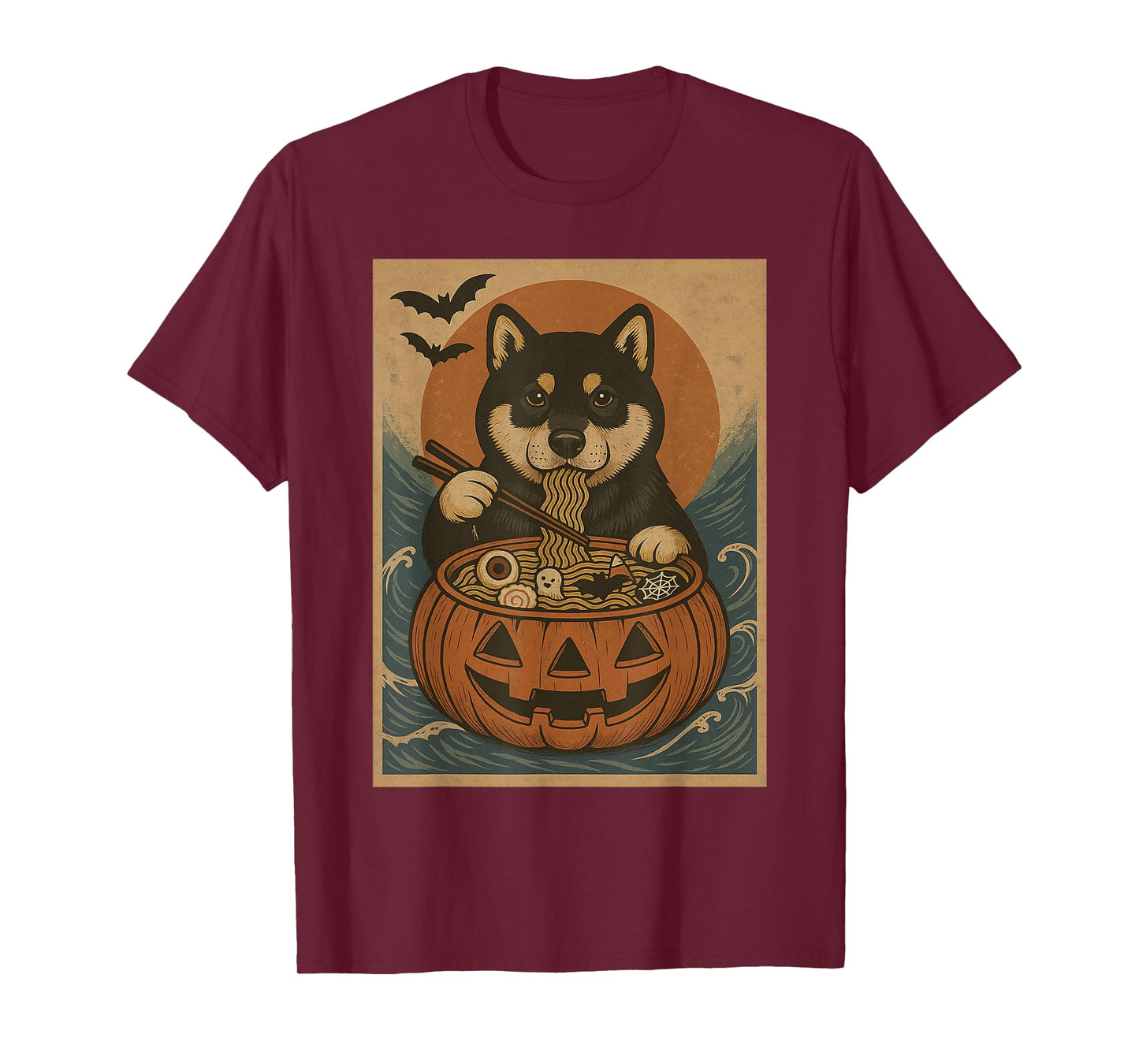 Funny Spooky Shiba Inu Pumpkin Japanese Ramen Noodles T-Shirt