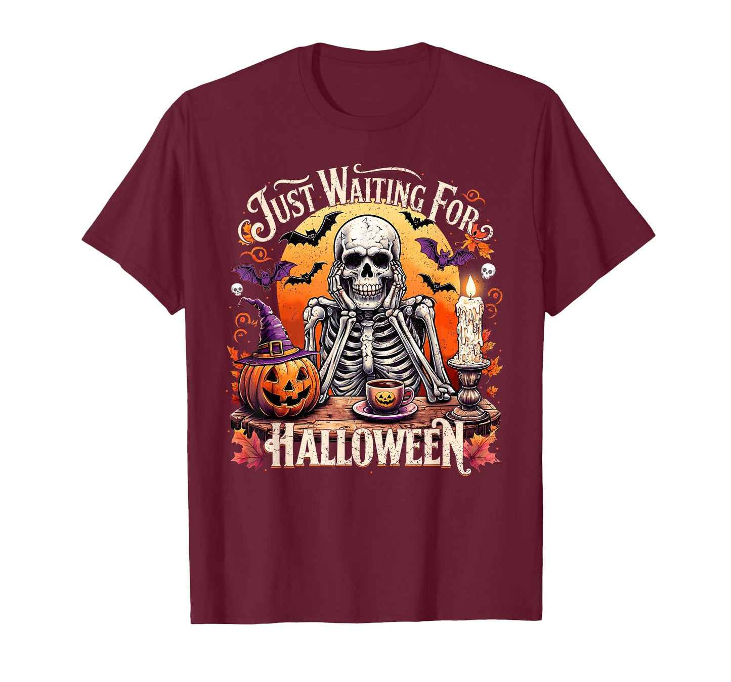 Just Waiting for Halloween Skeleton Coffee Pumpkin Men Women T-Shirt