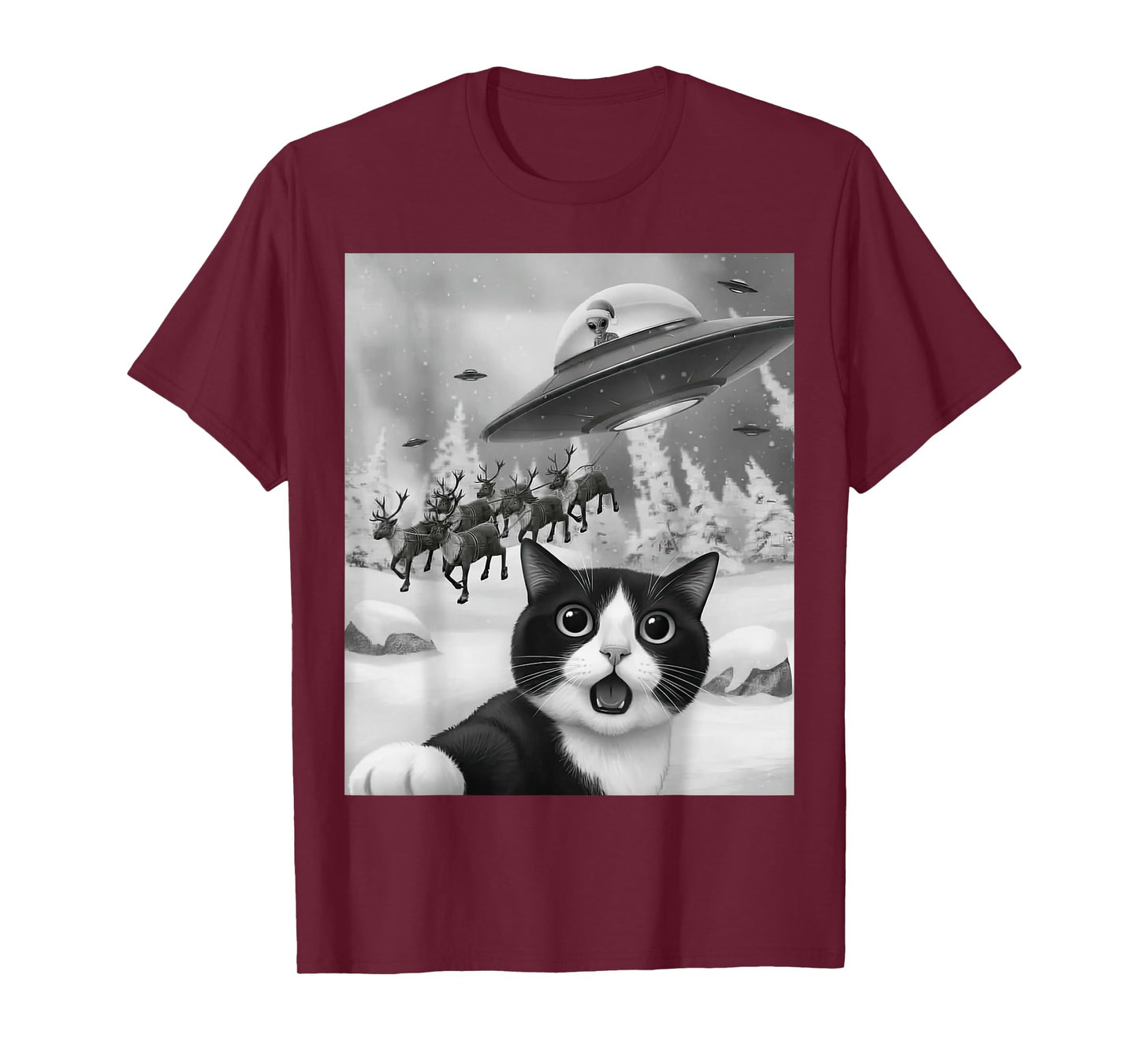 Tuxedo Cat UFO Alien Reindeer Christmas Air Selfie T-Shirt