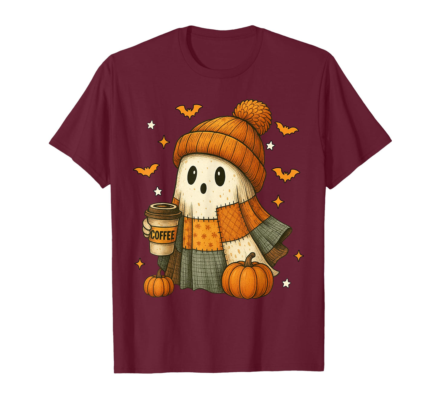 Cute Ghost Drinking Coffee Halloween Patchwork Ghost Women T-Shirt