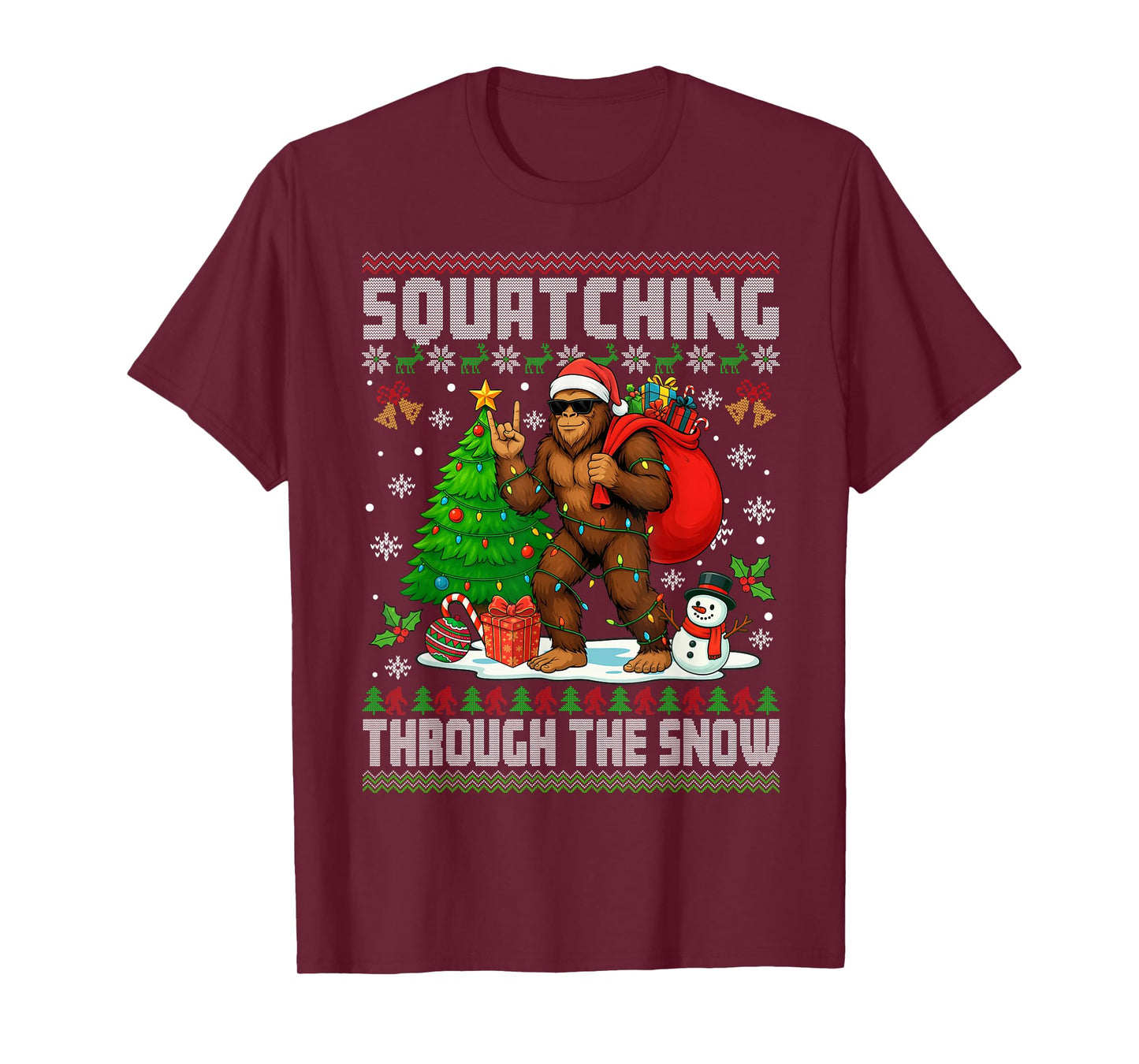 Squatching Through The Snow Bigfoot Lovers Ugly Christmas T-Shirt