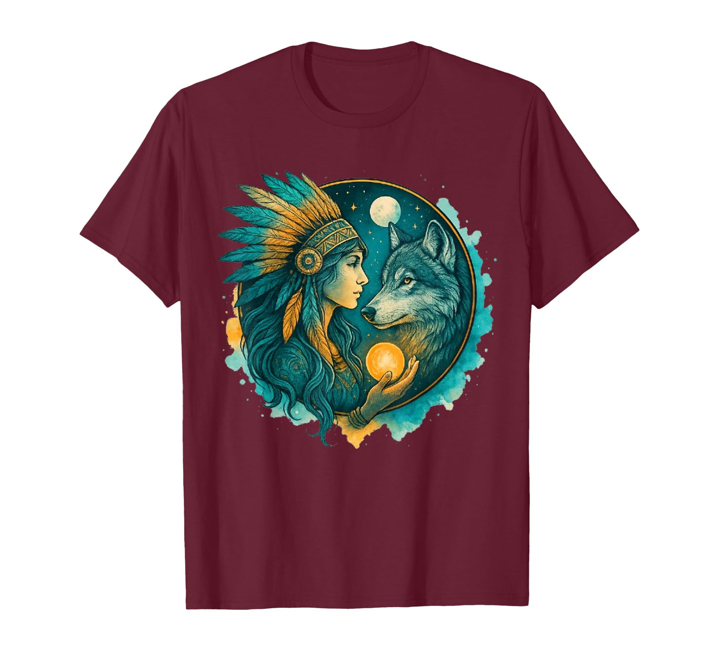 Indian Native American Woman with White Wolf Vitage T-Shirt