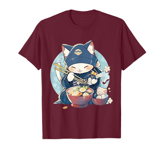 Japanese Art Ramen Cat Ninja Ukiyo-e Anime Style Samurai Cat T-Shirt