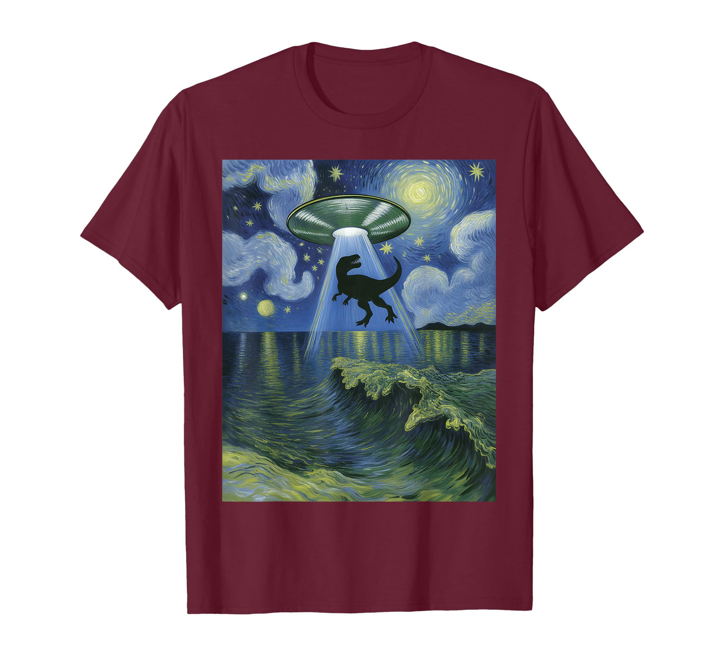 Starry Night Alien UFO Abduction Dinosaurs Van Gogh Art T-Shirt