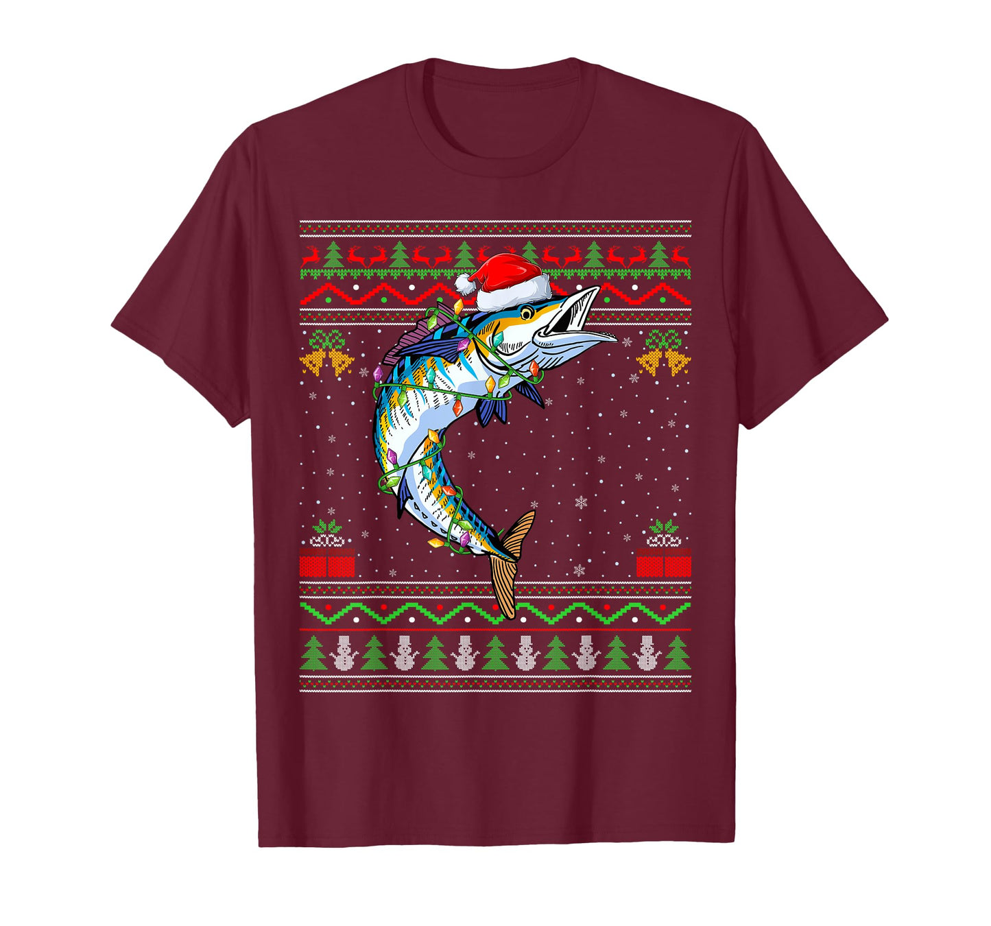 Xmas Lights Ugly Sweater Style Santa Wahoo Fish Christmas T-Shirt