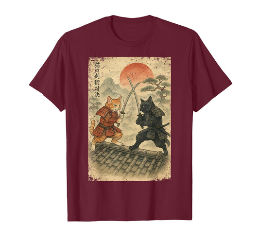 Samurai Cats Fighting Vintage Japanese Ukiyo-e Funny Cat T-Shirt for Men Women Kids