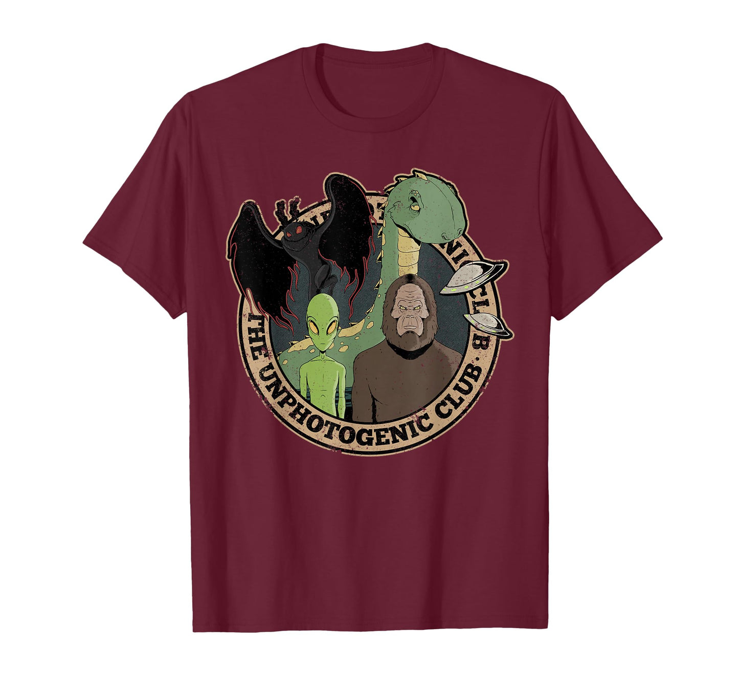 Unphotogenic Club Cryptid Alien Bigfoot Mothman Loch Ness T-Shirt