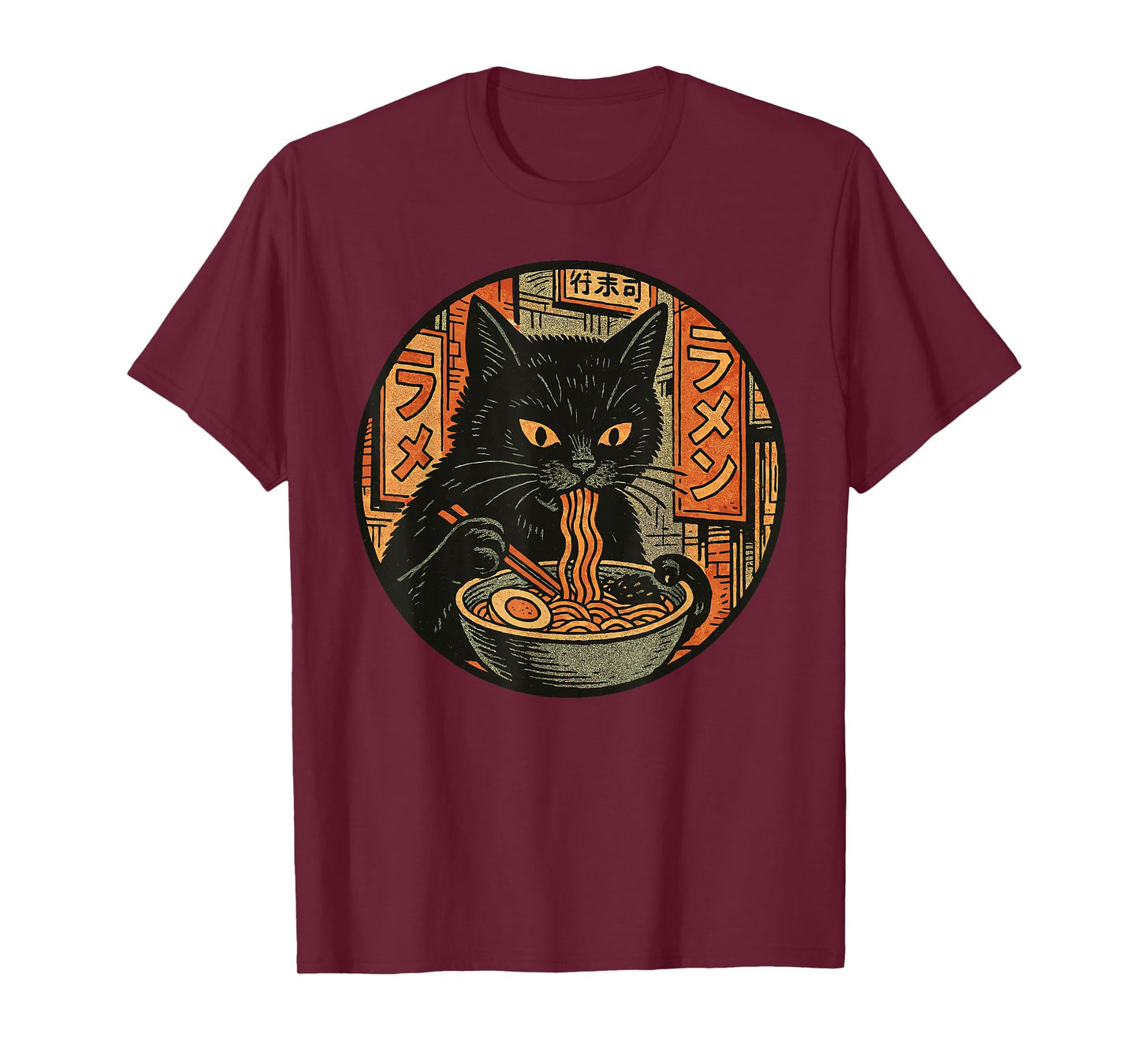 Black Cat Eating Noodles - Japanese Ramen Anime Art Design T-Shirt