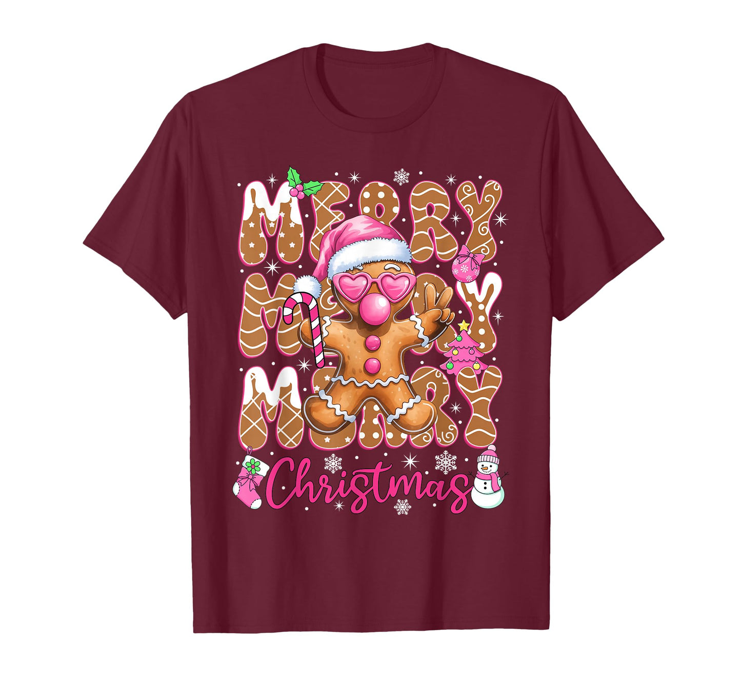 Gingerbread Merry Christmas Cute Pink Christmas Women Girls T-Shirt