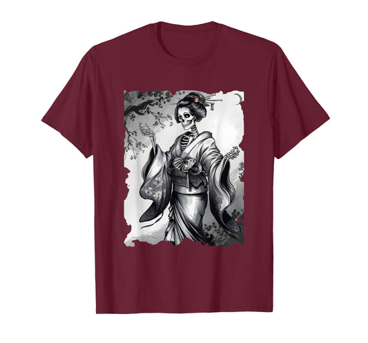 Skeleton Geisha Japanese Art - Vintage Creepy Geisha Sumi-e T-Shirt