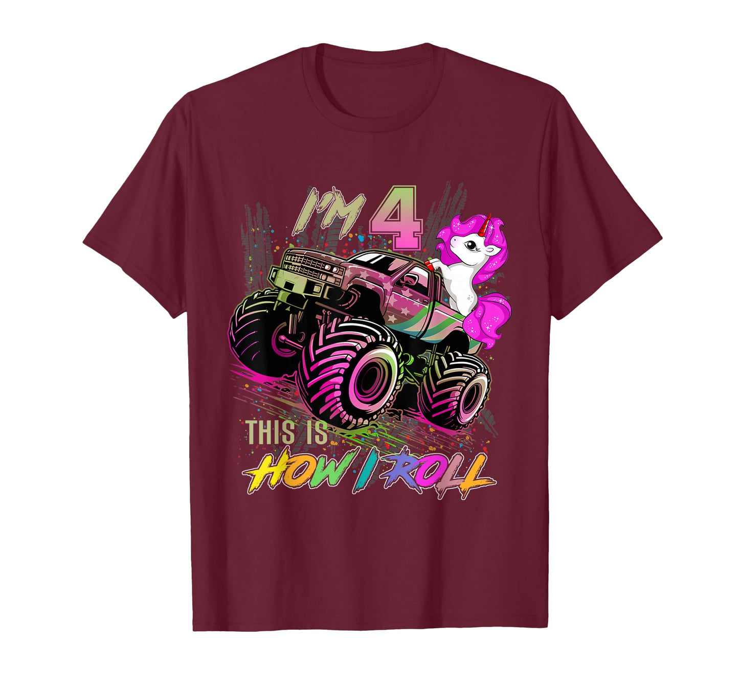 4 Year Old Girl Loves Monster Truck & Unicorn, 4th Birthday T-Shirt