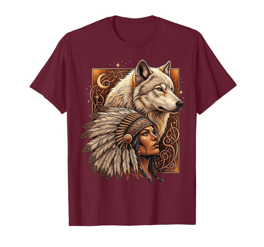 Indian Native American Woman with White Wolf Vitage Gifts T-Shirt