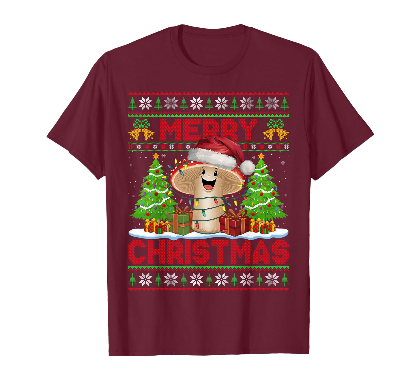 Funny Mushroom Ugly Christmas Sweaters Santa Hat Lights Xmas T-Shirt