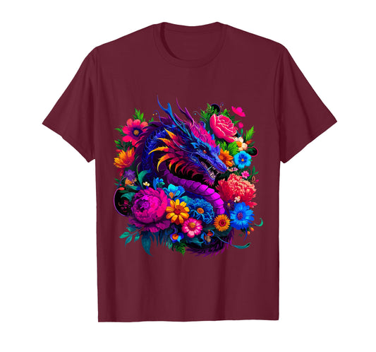 Floral Dragon T-Shirt, Small, Black