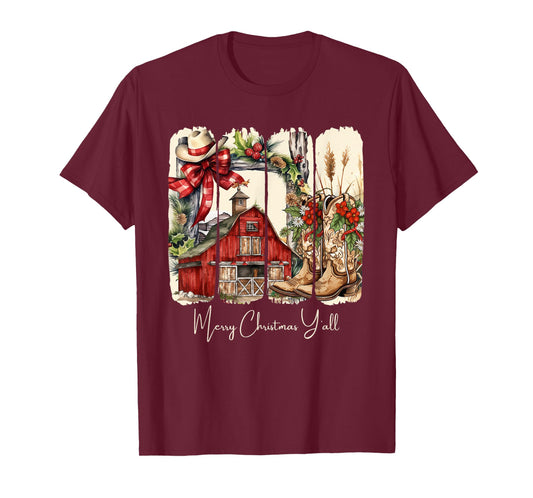 Western Merry Christmas Yall Barn Design T-Shirt