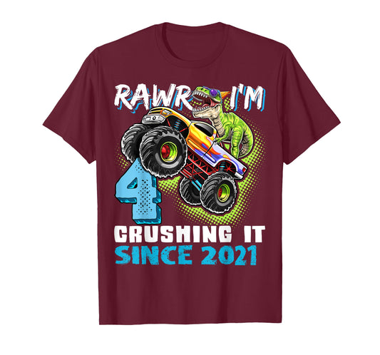 4th Birthday Monster Truck Dinosaur Party Boys Rawr I'm 4 T-Shirt