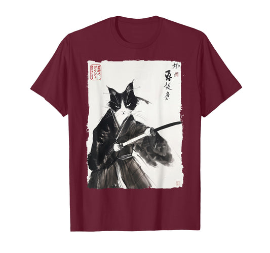 Samurai Cat Japanese Ink Art Vintage Warrior Katana T-Shirt