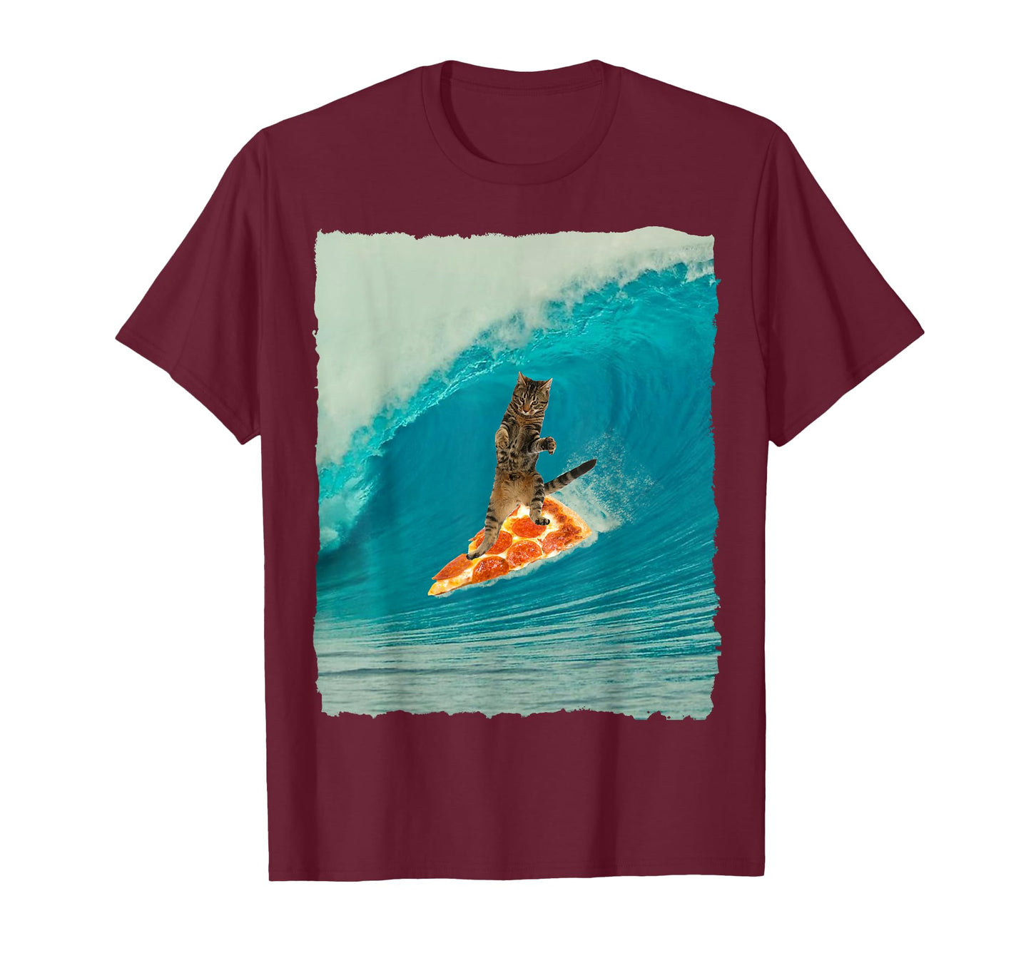 Surf Cat Shirt Kitty Riding a Wave with a Pizza Surf Board T Men Women Girls Kids T-Shirt