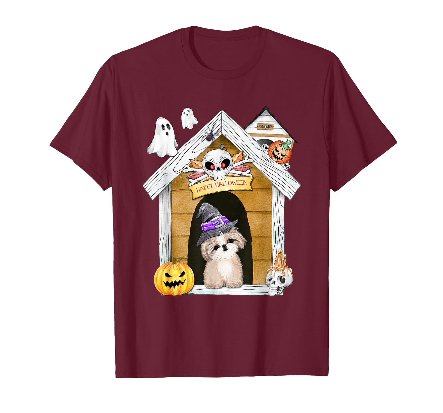 Halloween Shih Tzu Dog Witch Haunted House T-Shirt for Men Women Kids
