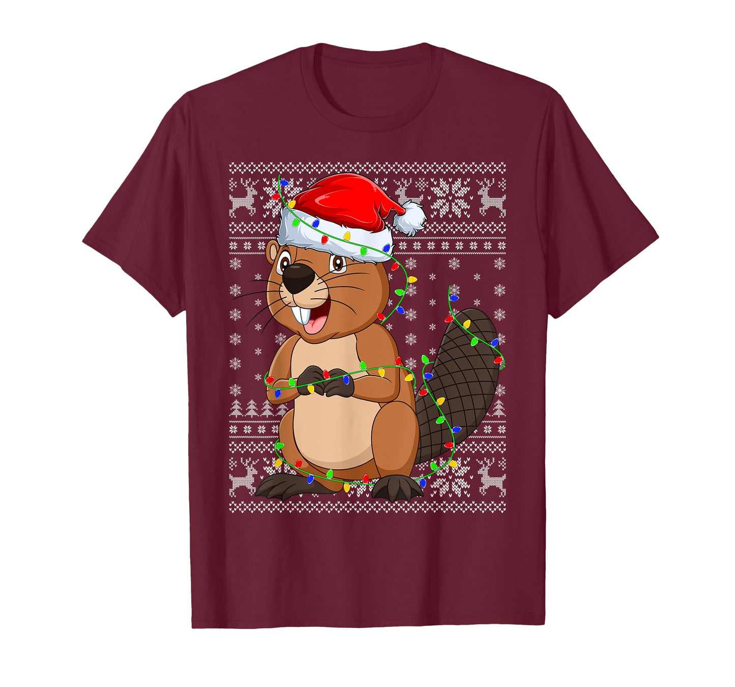 Ugly Sweater Xmas Lights Santa Hat Beaver Christmas T-Shirt