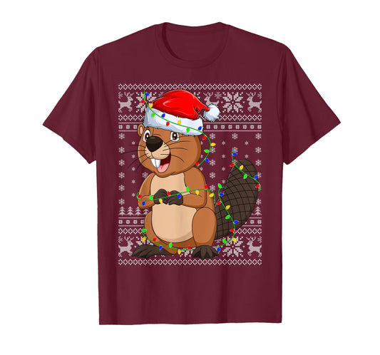 Ugly Sweater Xmas Lights Santa Hat Beaver Christmas T-Shirt