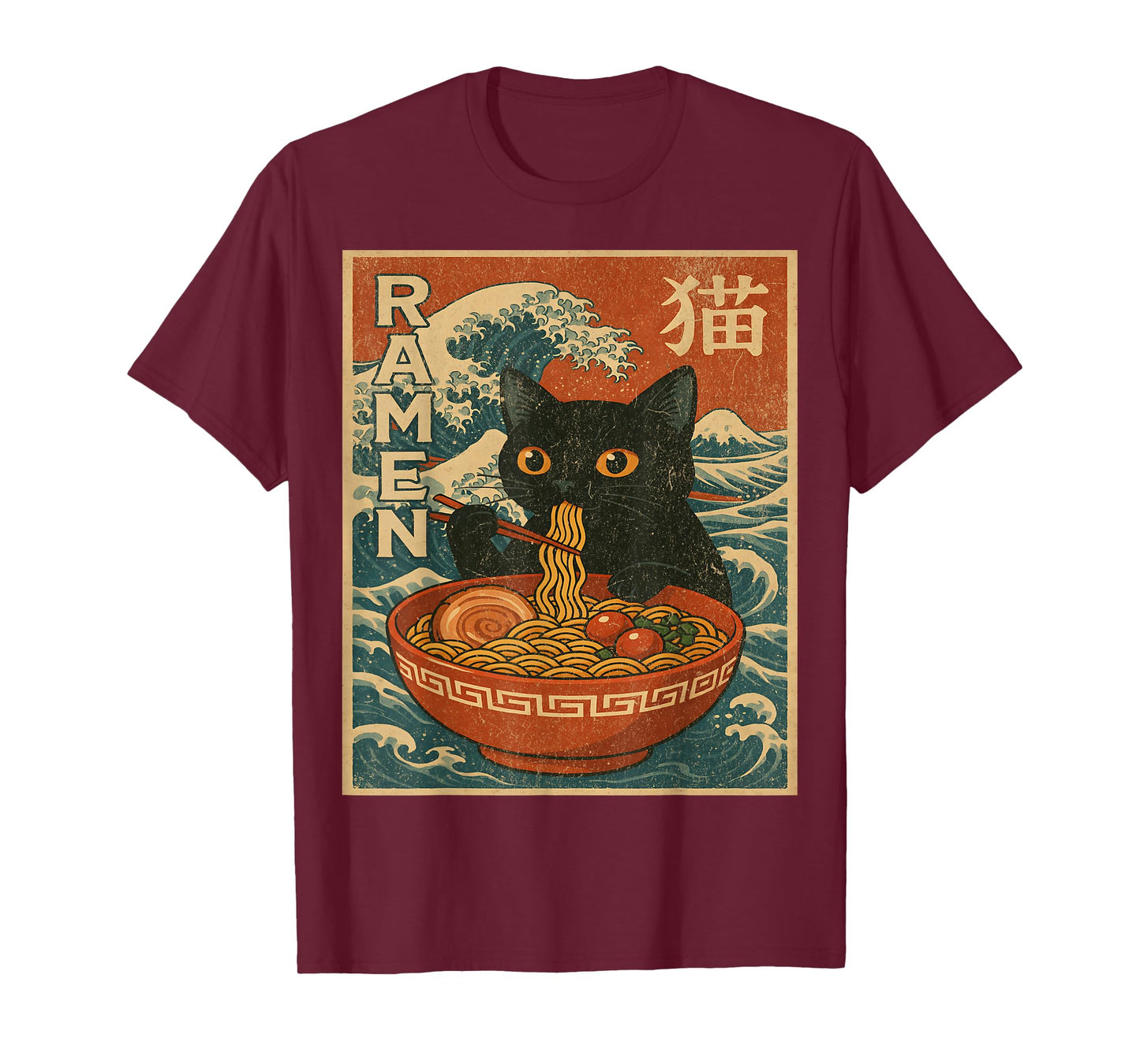 Vintage Japanese Anime Cat Ramen Noodles Ukiyo-e Kawaii T-Shirt