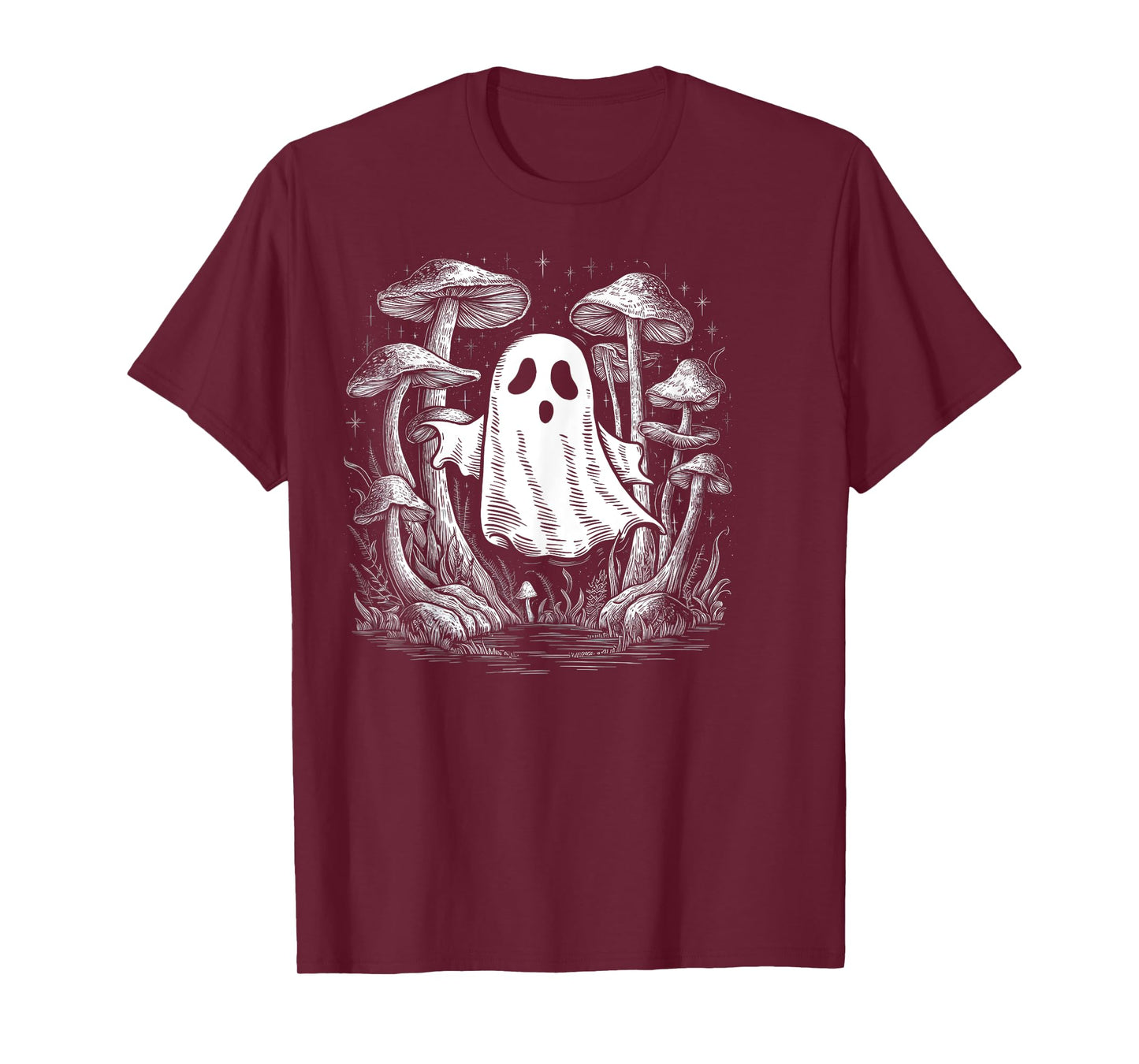 Spooky Ghost In Forest Of Mushrooms T-Shirt